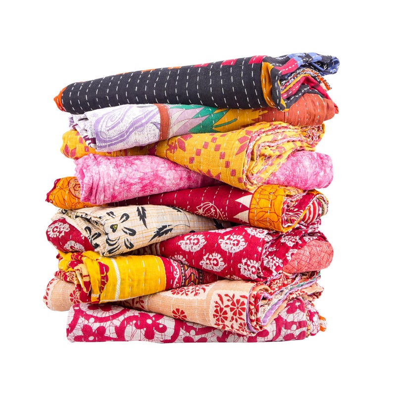 Mycrafts مجموعة 5 قطع من لحاف كانثا الهندي بالجملة من ماي كرافتس - لحاف كانثا قبلي عتيق مصنوع يدويًا - بطانية باتش كانثا - رمي كانثا - هيبي بوهيمي من ساريس قديمة مصنوعة من كانثا - لحاف توأم - Image 2